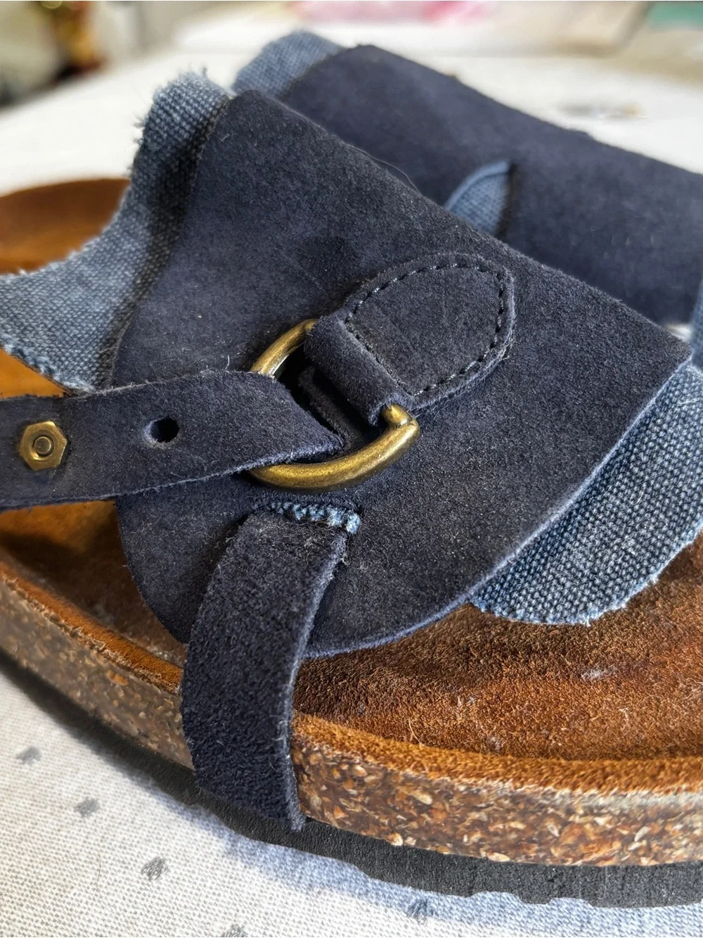 Sundance Navy Suede Denim Cork Slide Sandal Bronze Buckle Birkenstock Style NEW